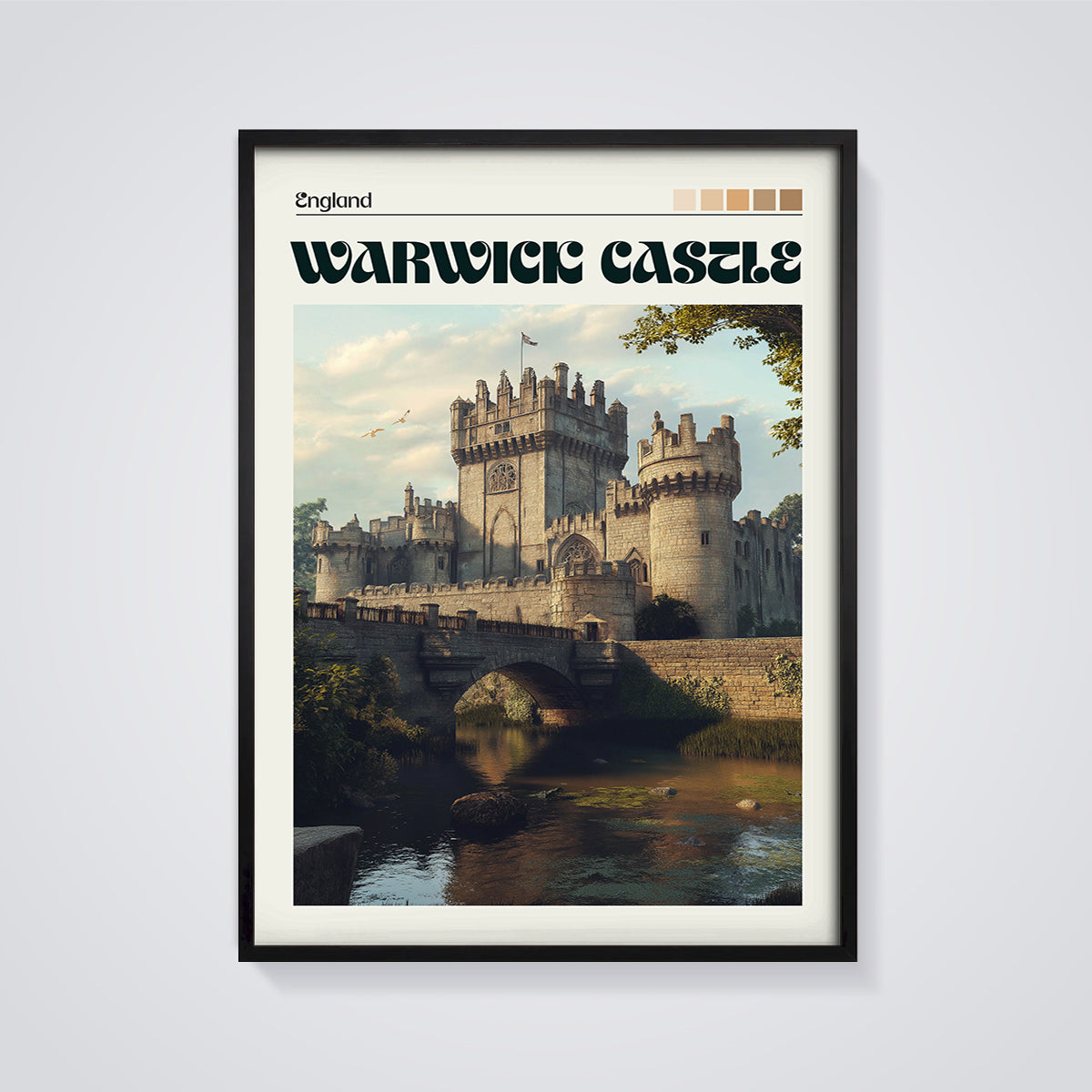 Warwick Castle England Print framed in black on a grey background
