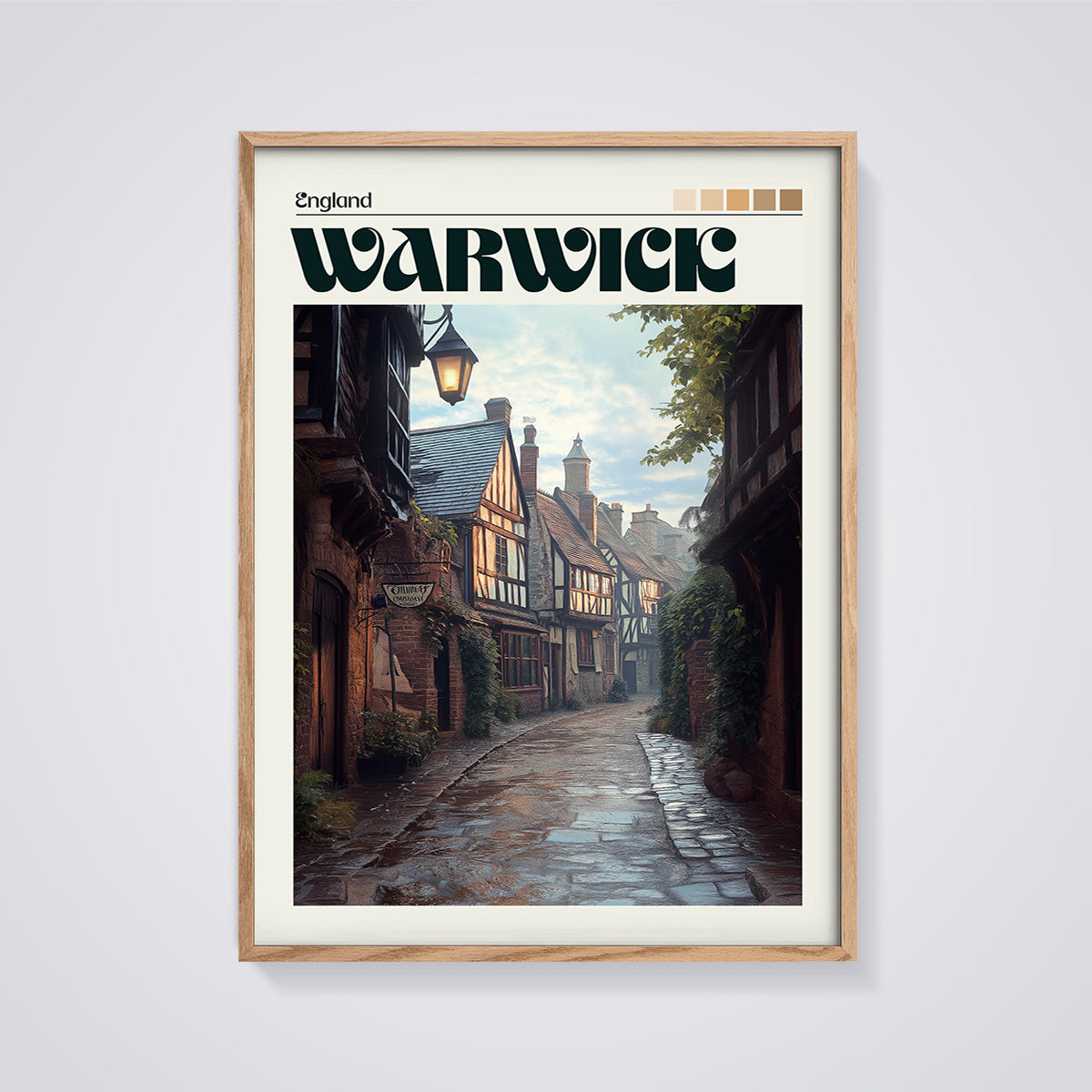 Warwick Historic Street Print framed in oak on a grey background
