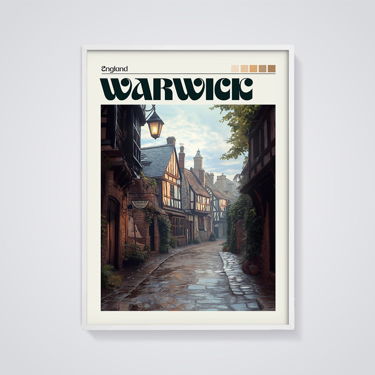 Warwick Historic Street Print framed in white on a grey background