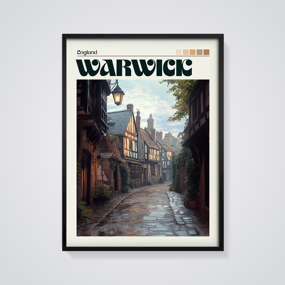 Warwick Historic Street Print framed in black on a grey background