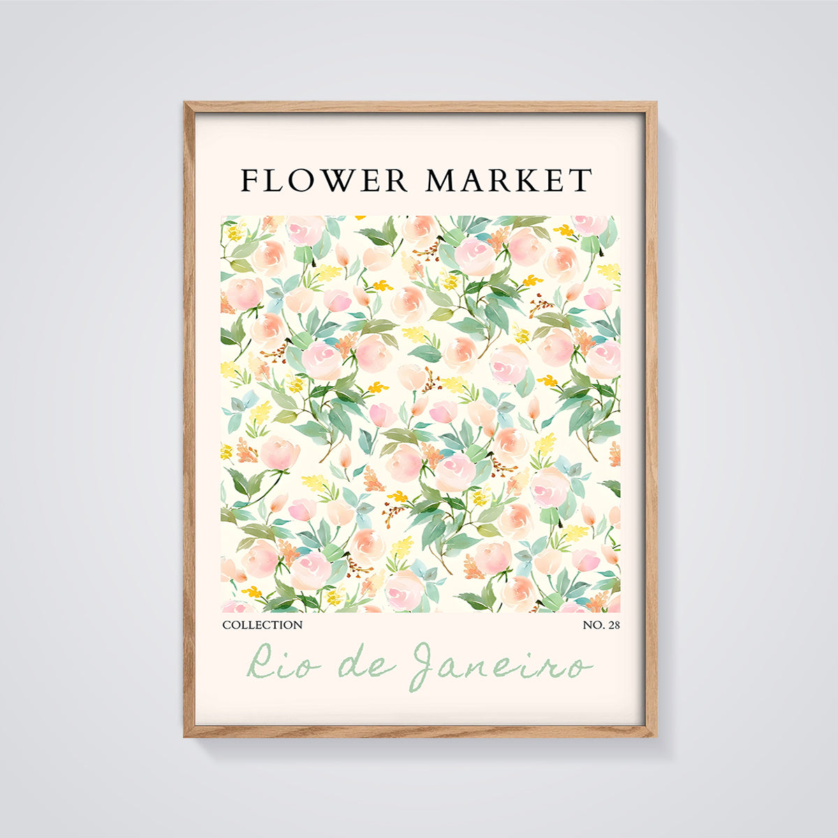 Watercolor Flower Market Rio de Janeiro Print framed in oak on a grey background
