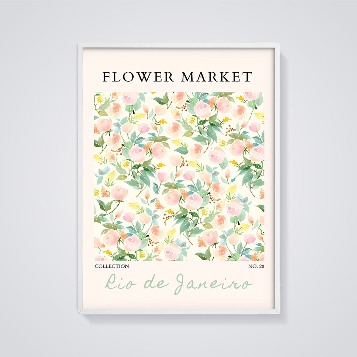 Watercolor Flower Market Rio de Janeiro Print framed in white on a grey background