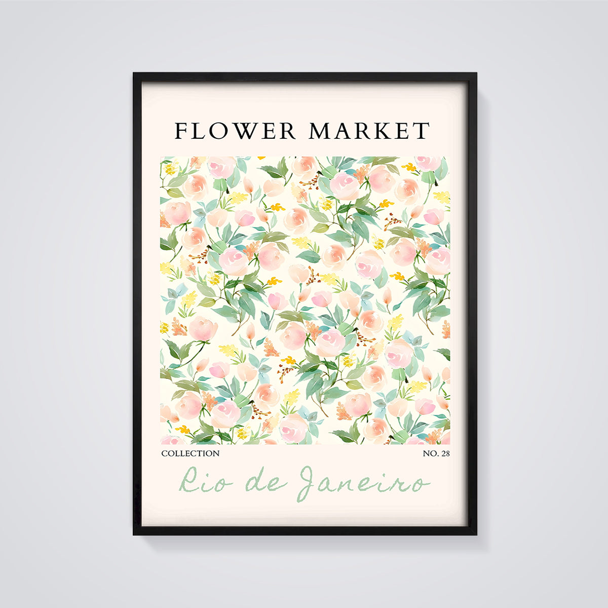 Watercolor Flower Market Rio de Janeiro Print framed in black on a grey background