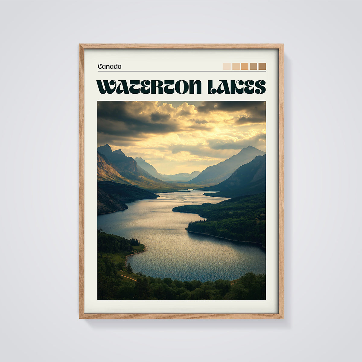 Waterton Lakes Canada Print framed in oak on a grey background