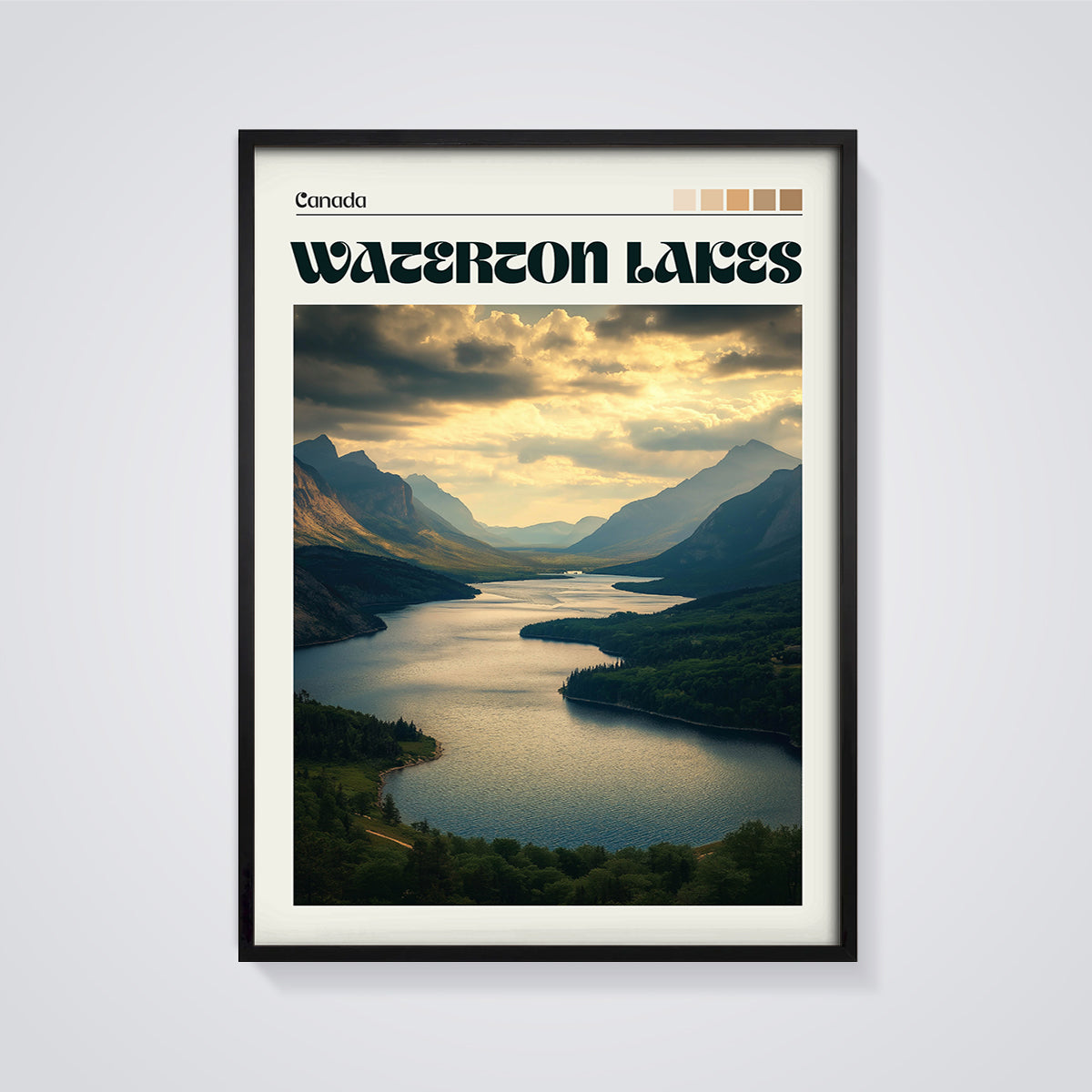 Waterton Lakes Canada Print framed in black on a grey background