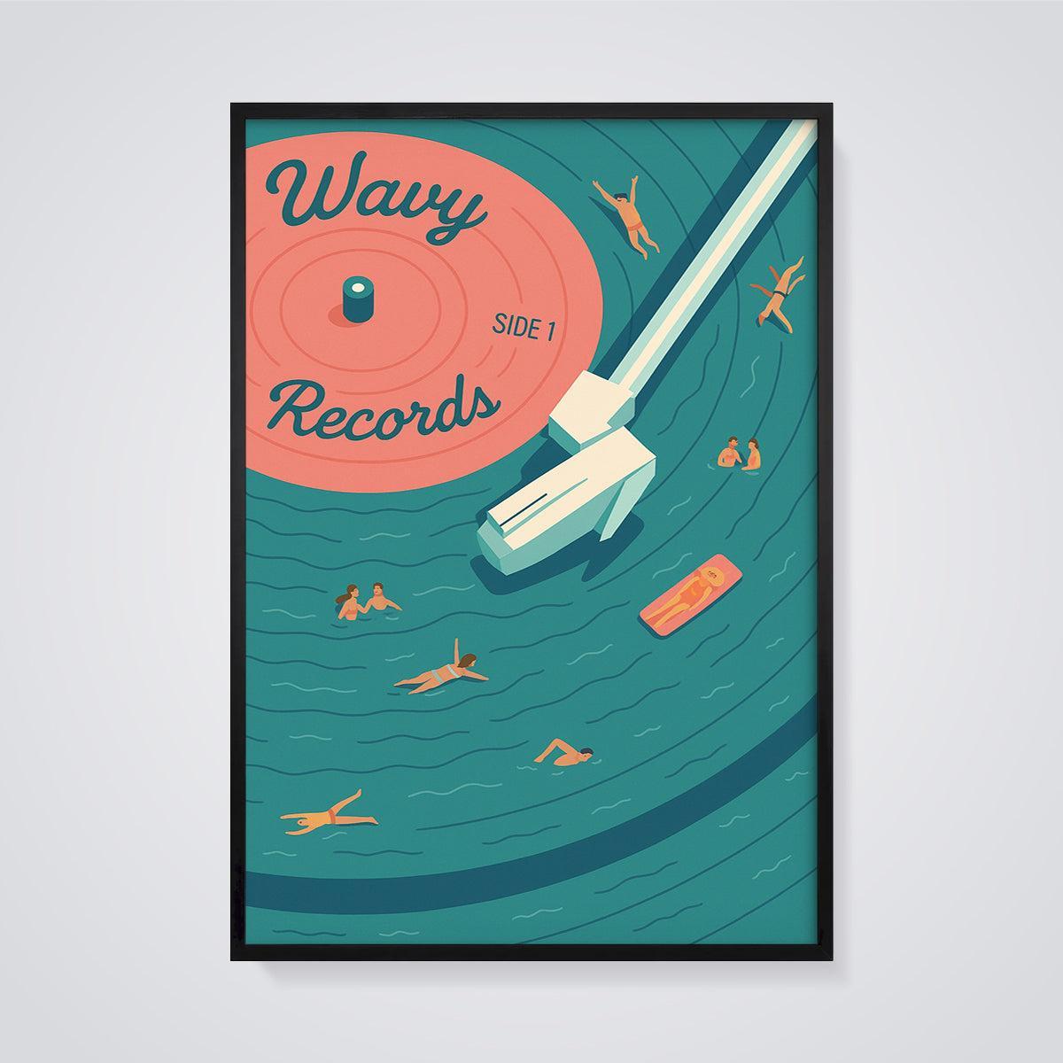 Wavy Records Swimming Print framed in black on a grey background