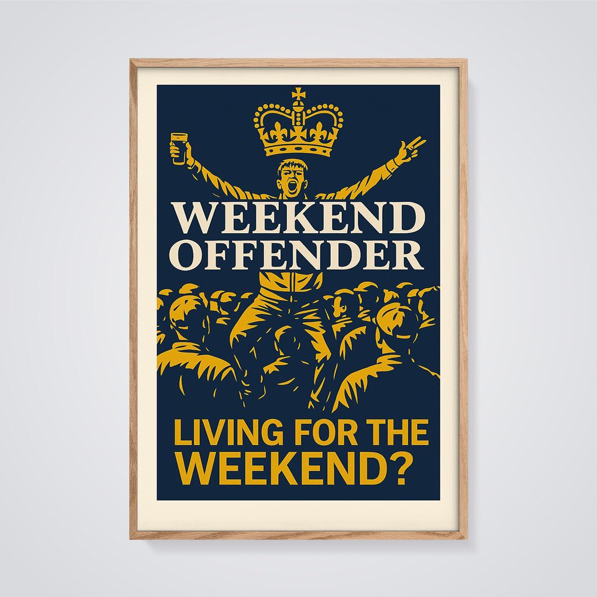 Weekend Offender Crown Print framed in oak on a grey background