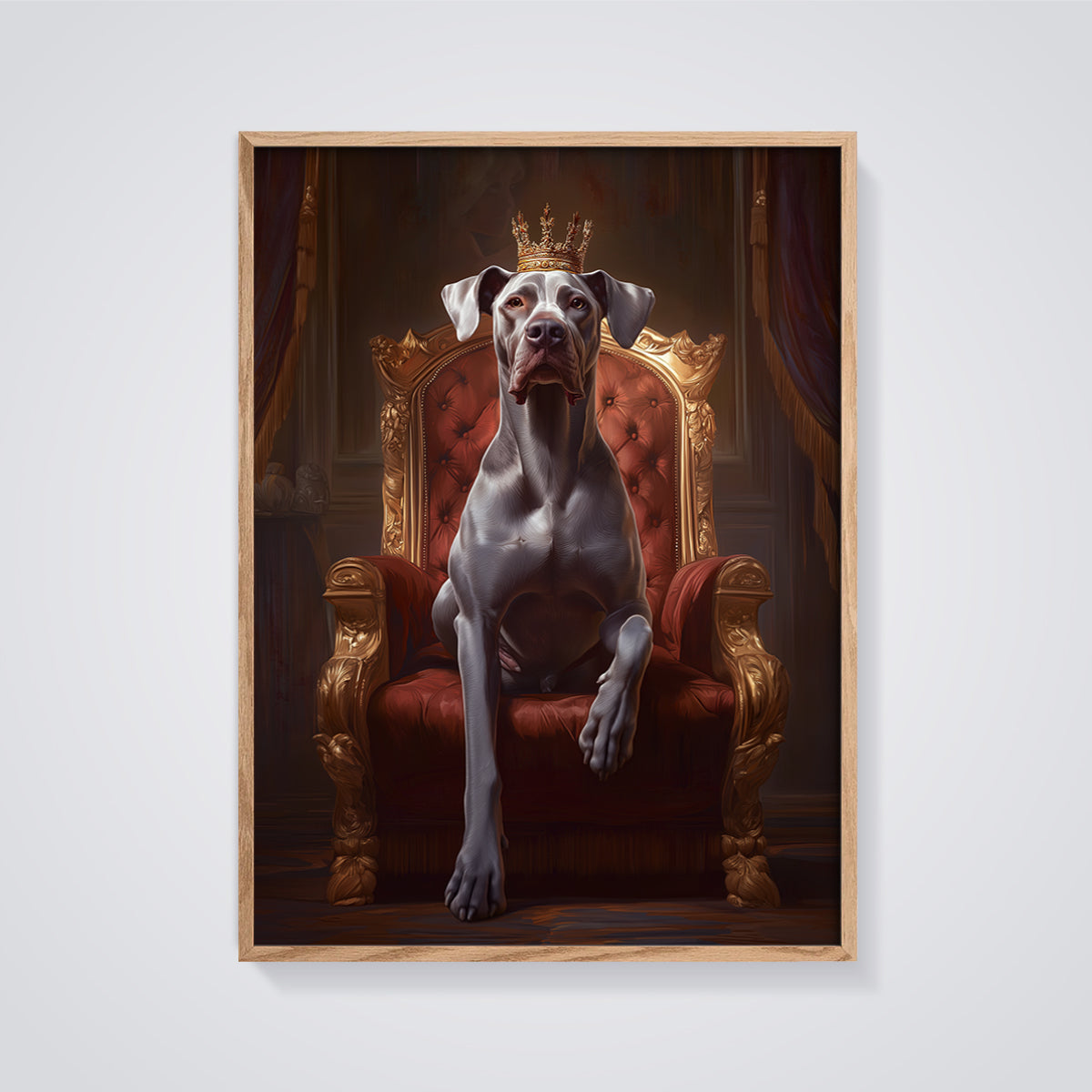 Weimaraner King Throne Print framed in oak on a grey background
