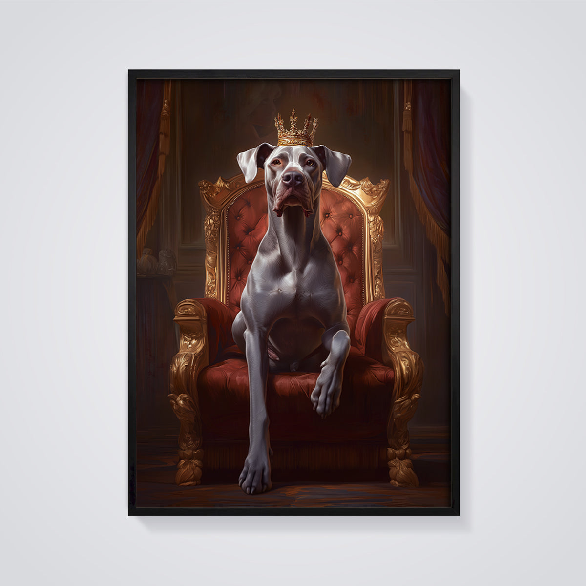 Weimaraner King Throne Print framed in black on a grey background