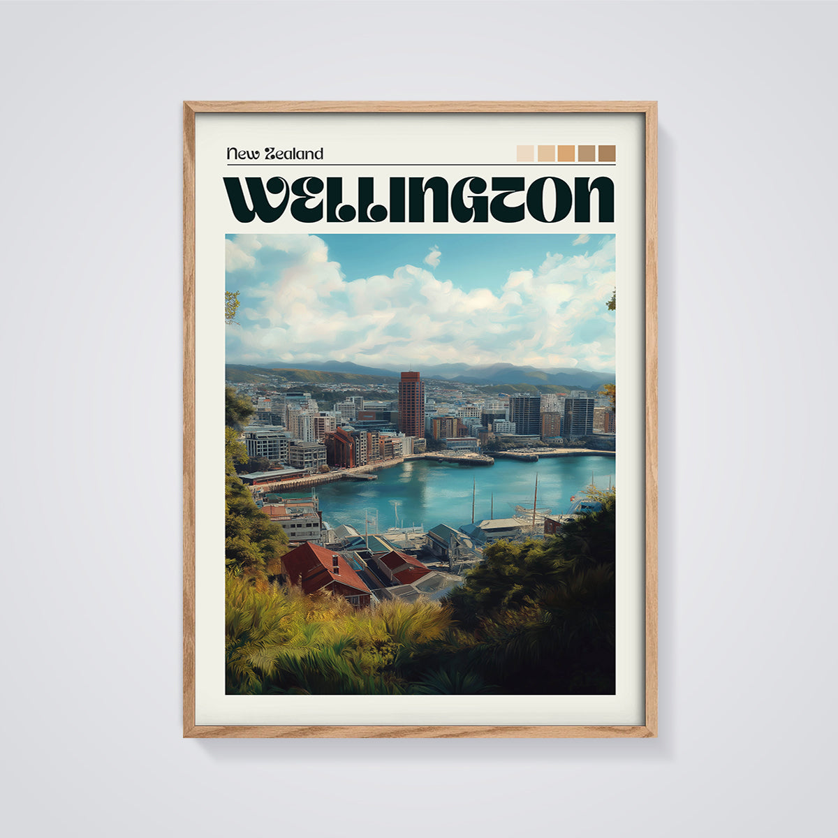 Wellington Cityscape Print framed in oak on a grey background