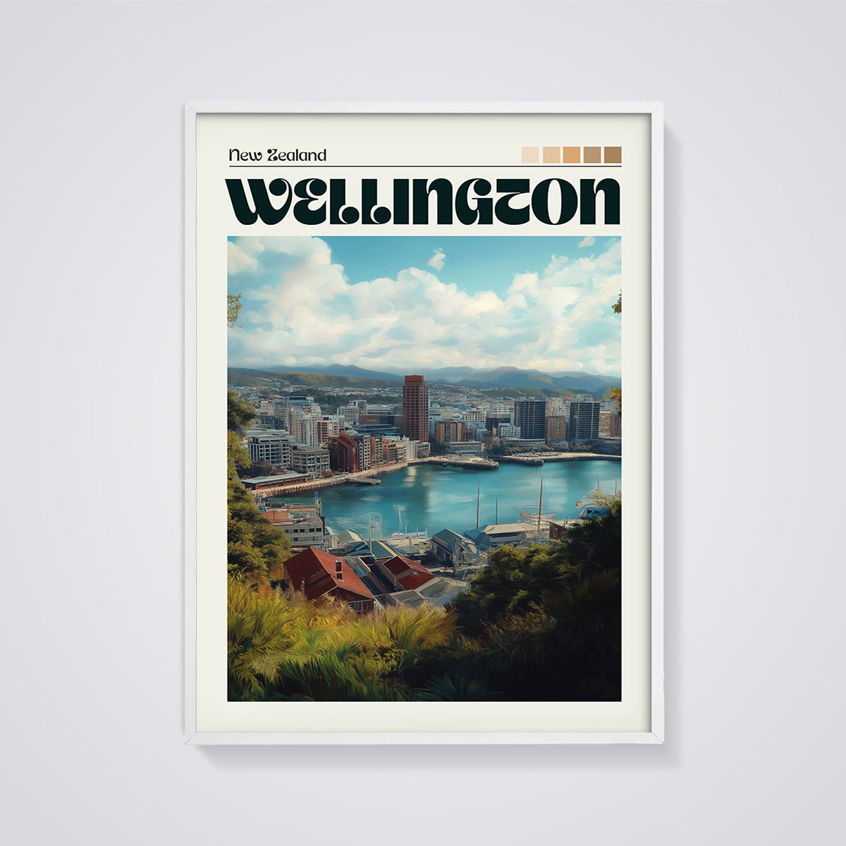 Wellington Cityscape Print framed in white on a grey background