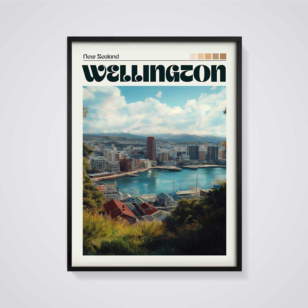 Wellington Cityscape Print framed in black on a grey background