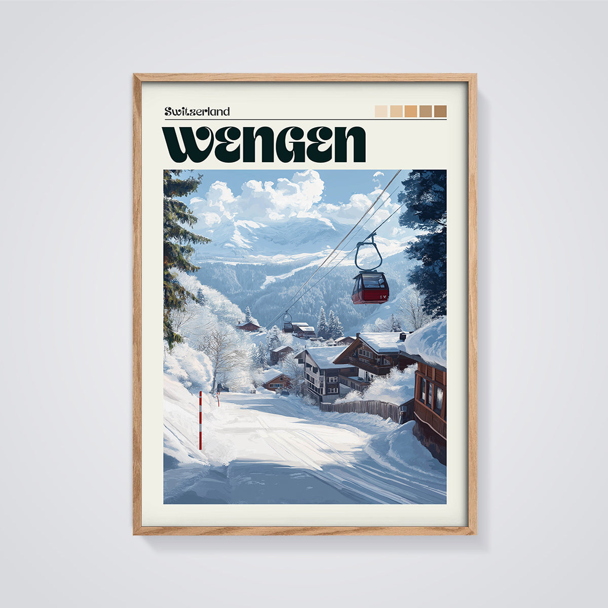 Wengen Ski Village Print framed in oak on a grey background