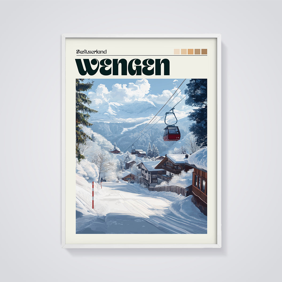 Wengen Ski Village Print framed in white on a grey background