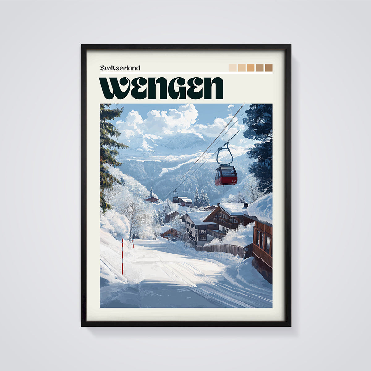 Wengen Ski Village Print framed in black on a grey background