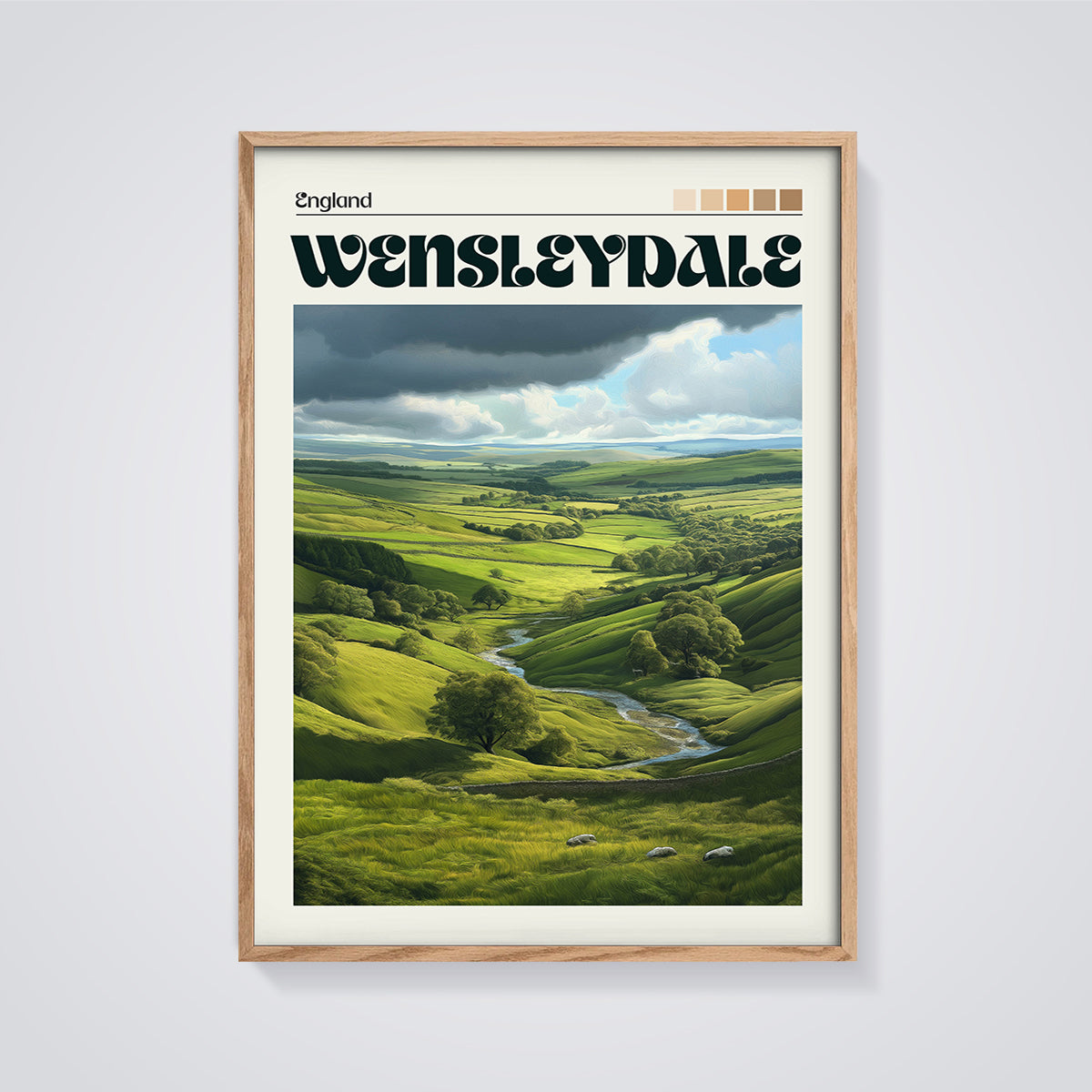Wensleydale Valley Print framed in oak on a grey background