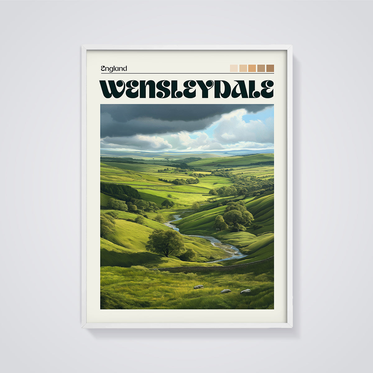 Wensleydale Valley Print framed in white on a grey background