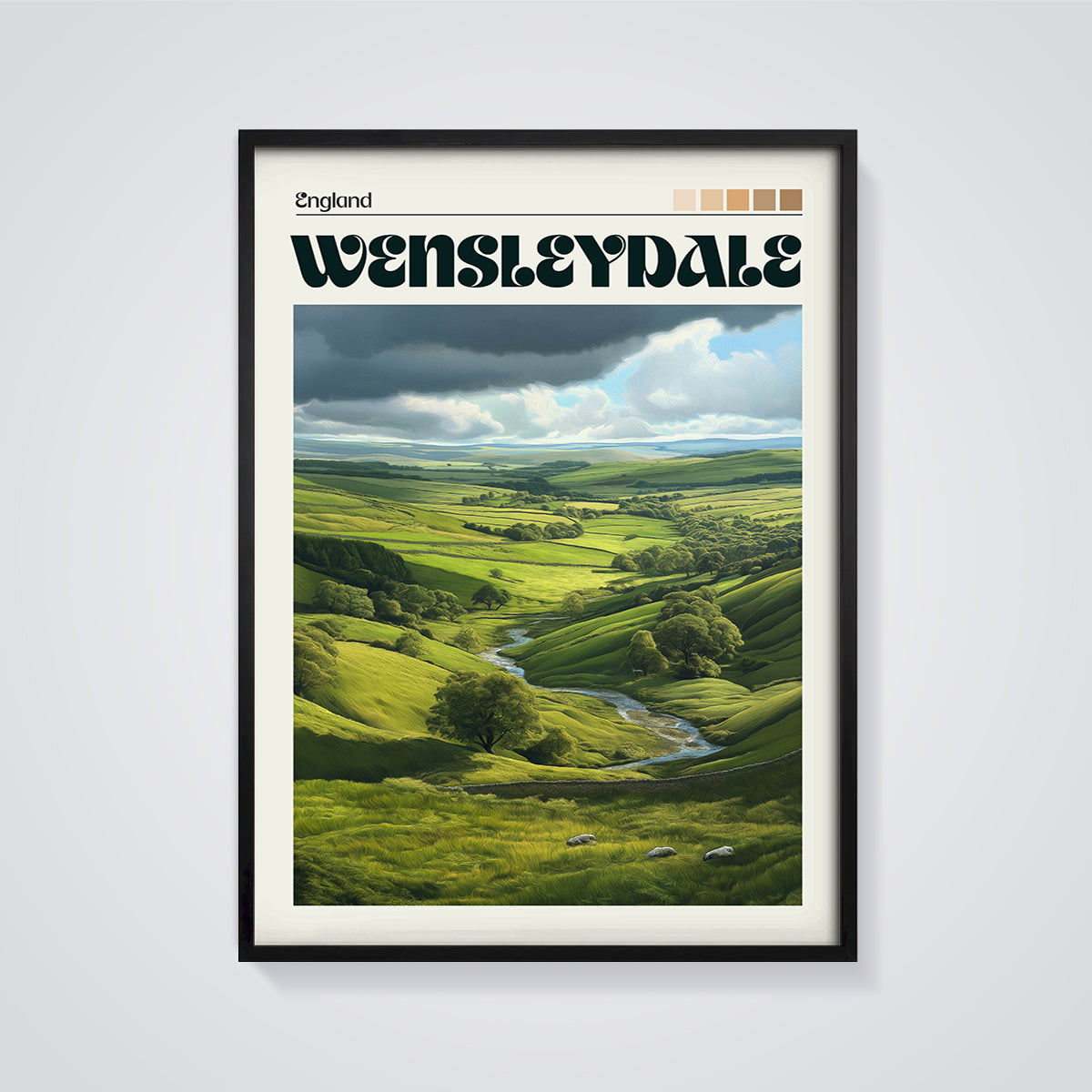 Wensleydale Valley Print framed in black on a grey background