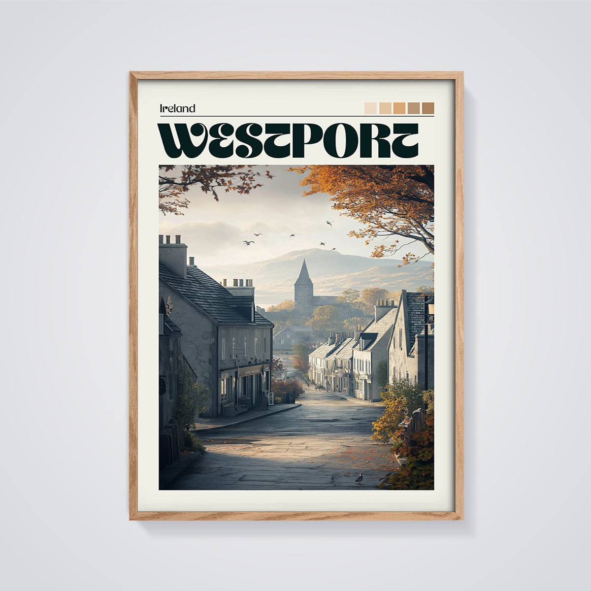 Westport Ireland Autumn Street Print framed in oak on a grey background