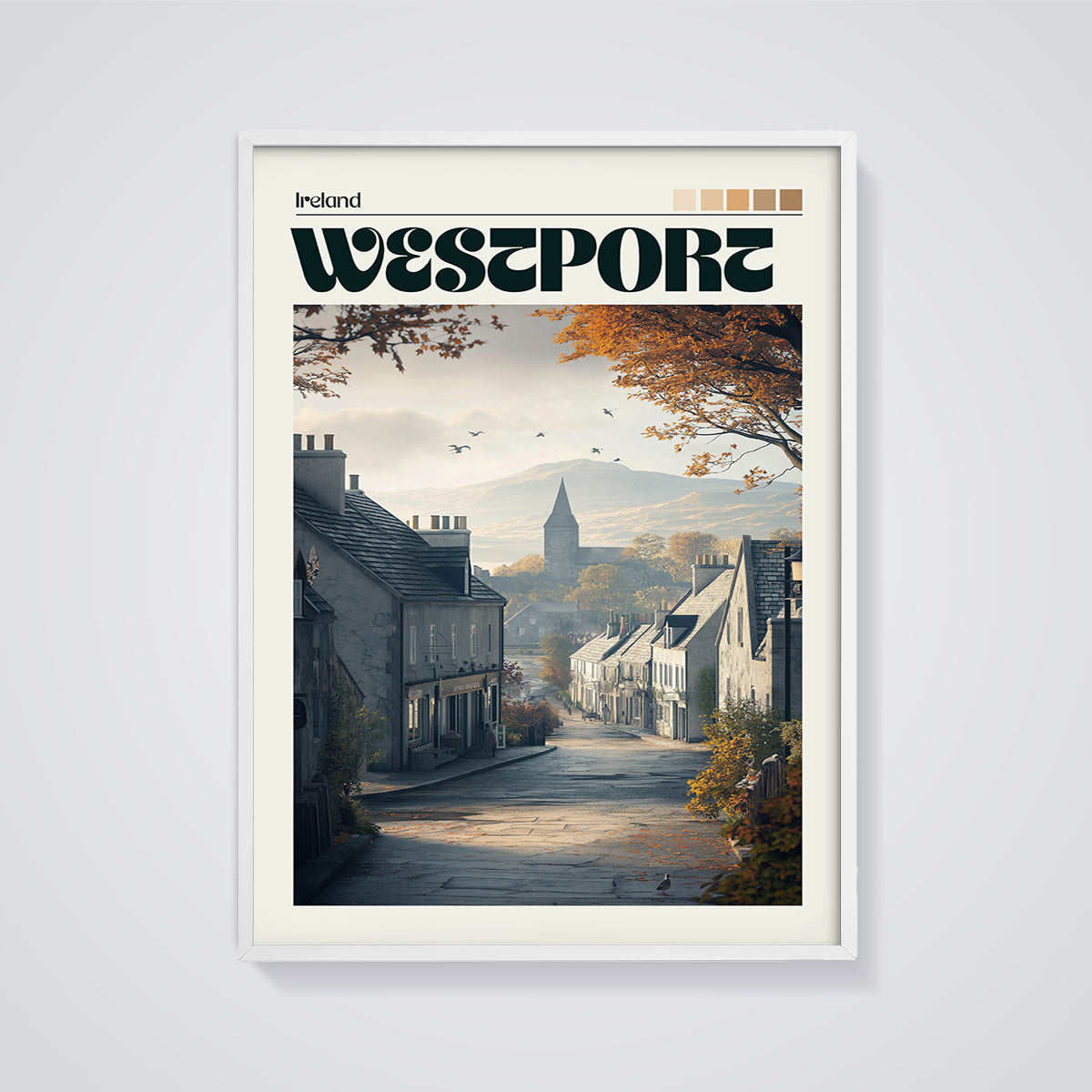 Westport Ireland Autumn Street Print framed in white on a grey background