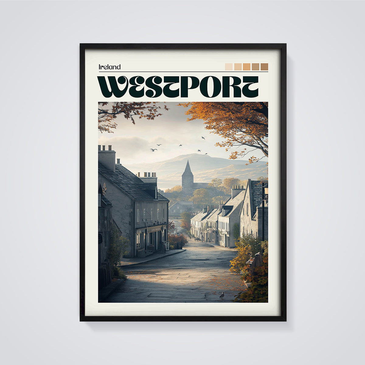 Westport Ireland Autumn Street Print framed in black on a grey background