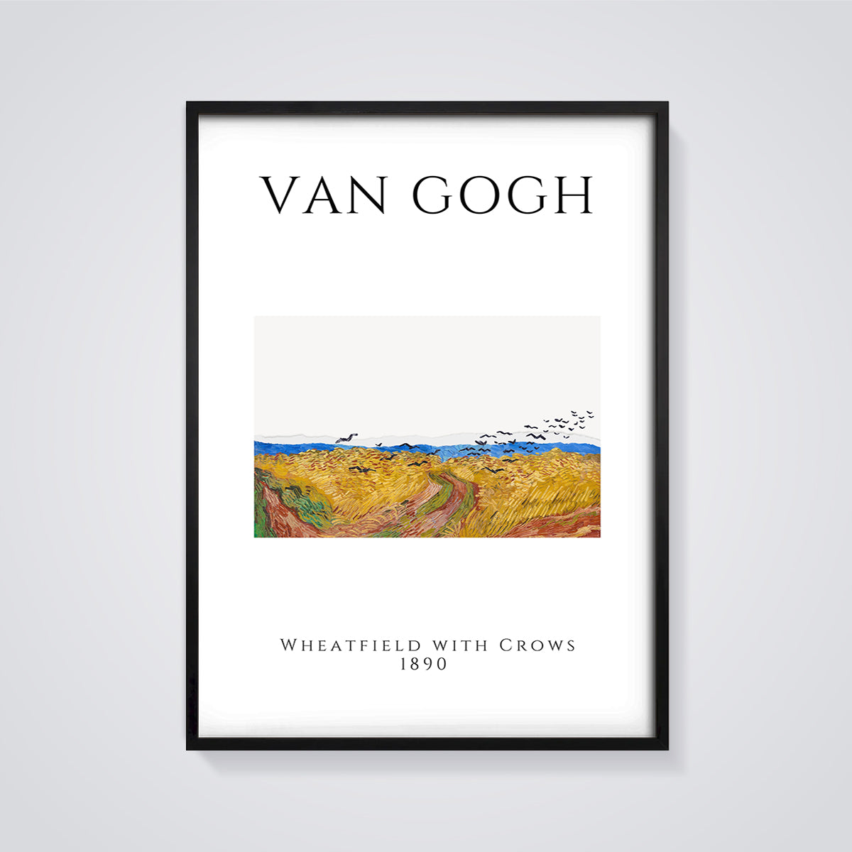 Wheatfield with Crows Print framed in black on a grey background