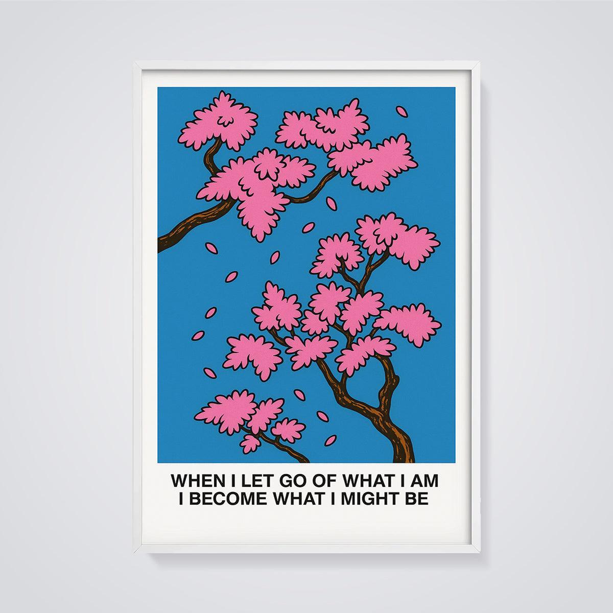 When I Let Go Cherry Blossom Print framed in white on a grey background