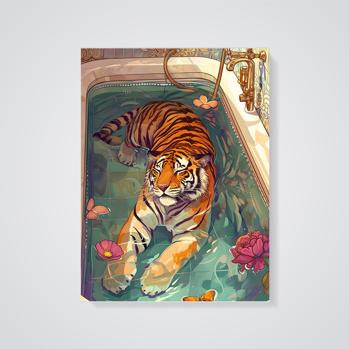 Whimsical Tiger Bath Print unframed on a grey background