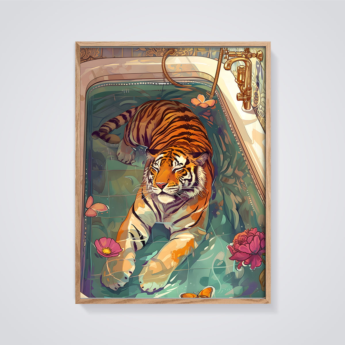 Whimsical Tiger Bath Print framed in oak on a grey background