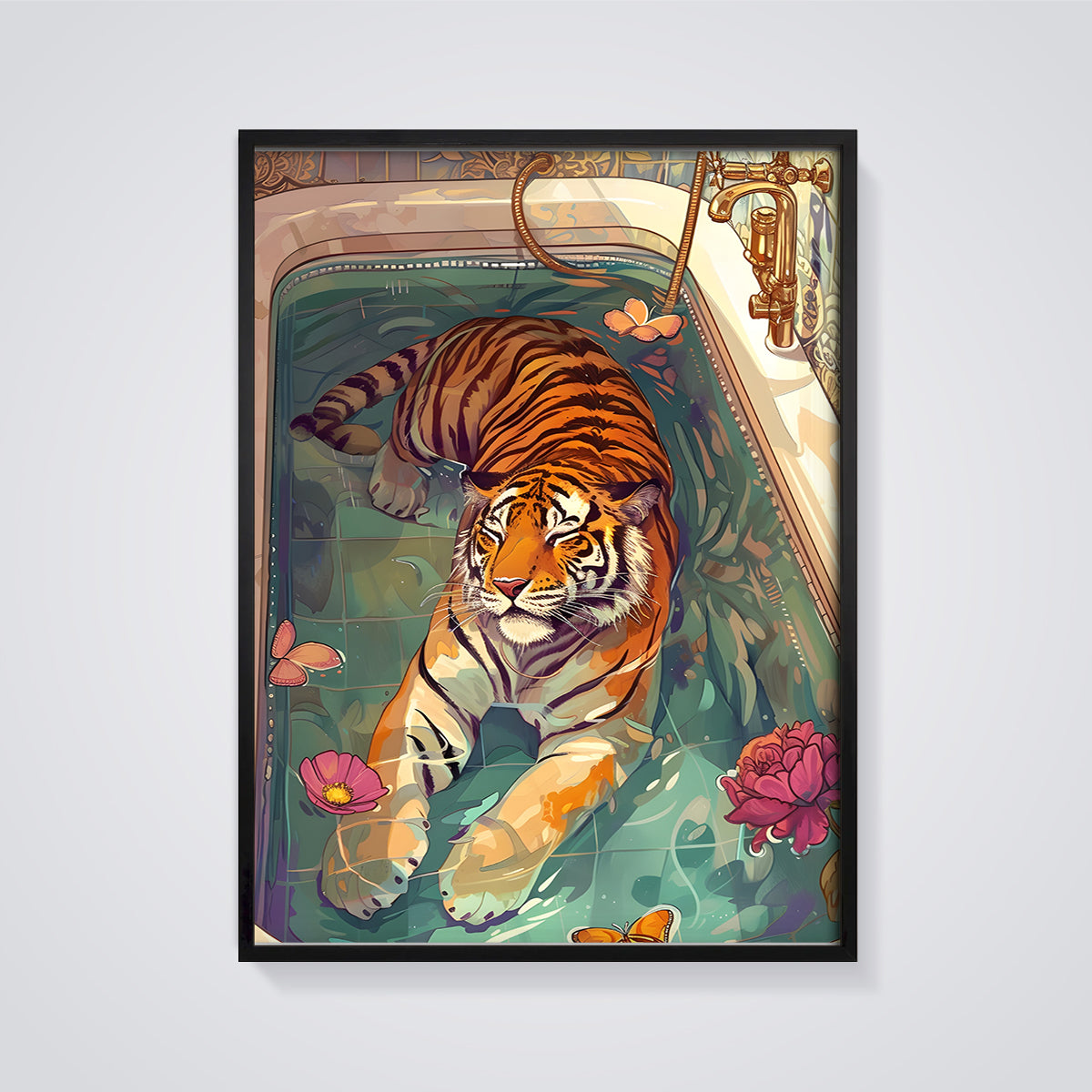 Whimsical Tiger Bath Print framed in black on a grey background