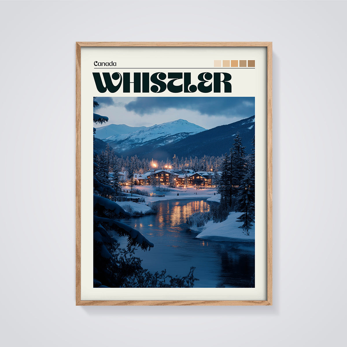 Whistler Canada Winter Night Print framed in oak on a grey background