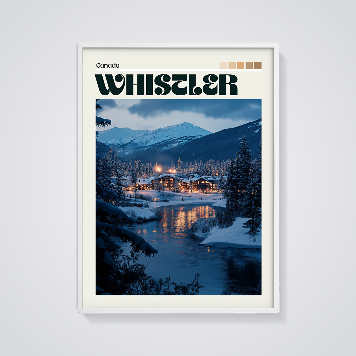 Whistler Canada Winter Night Print framed in white on a grey background