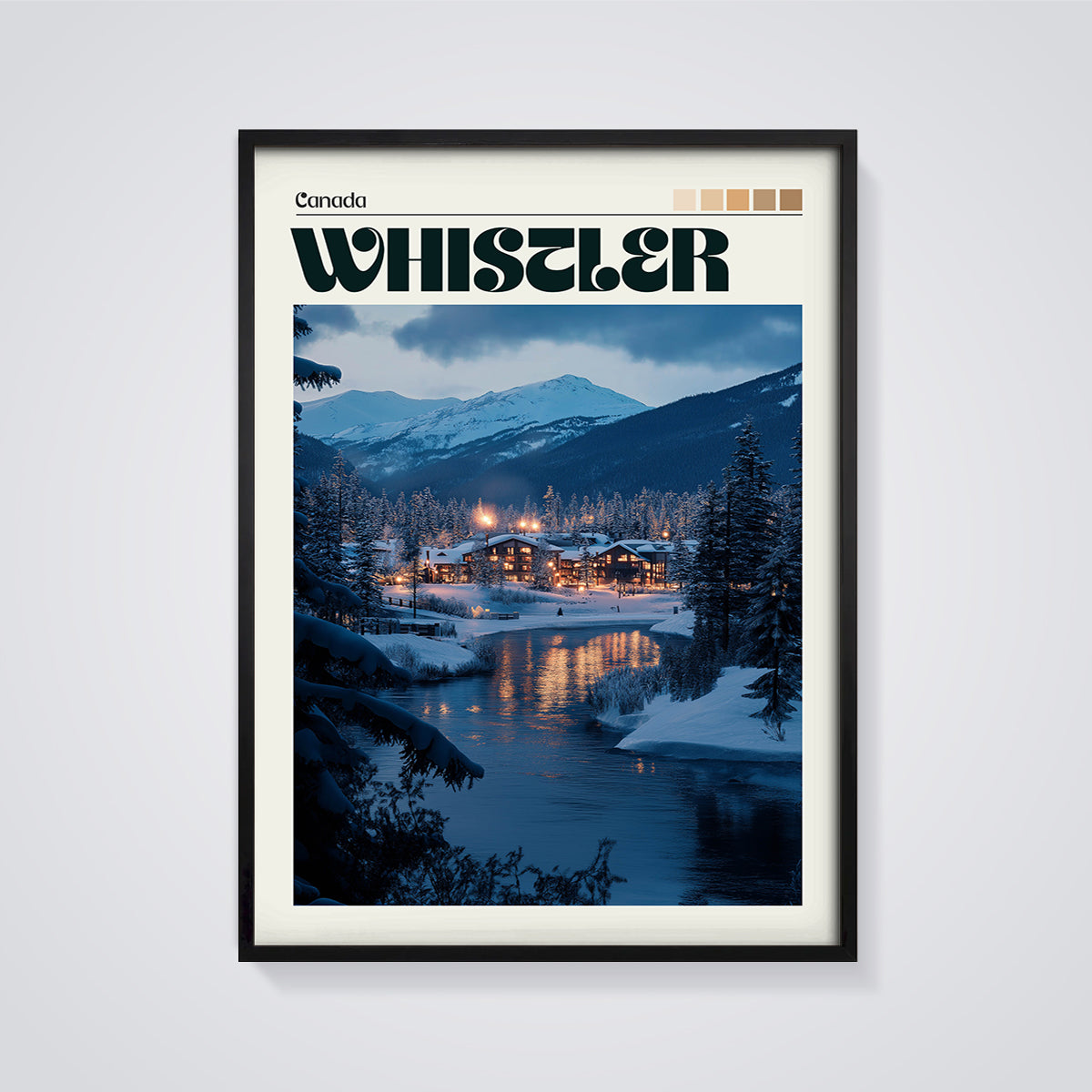 Whistler Canada Winter Night Print framed in black on a grey background