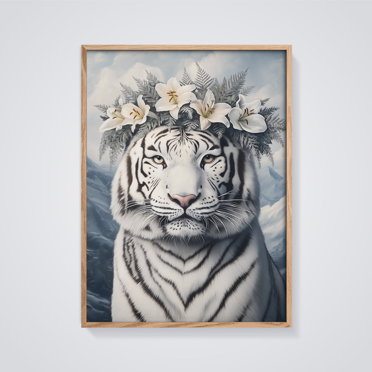 White Tiger Lily Crown Print framed in oak on a grey background