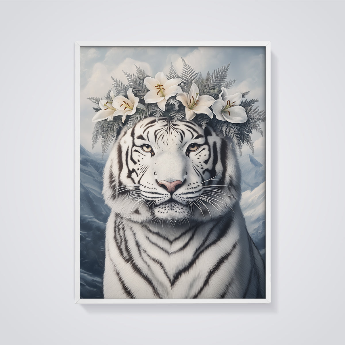 White Tiger Lily Crown Print framed in white on a grey background