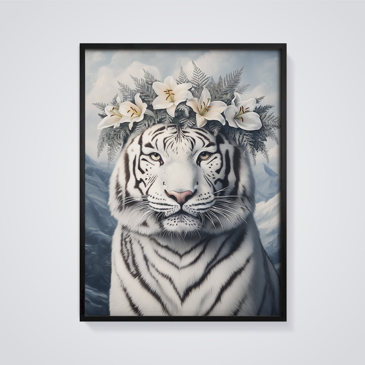 White Tiger Lily Crown Print framed in black on a grey background
