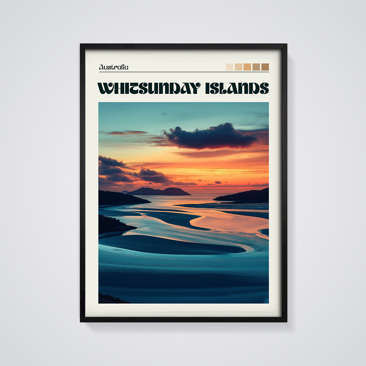 Whitsunday Islands Sunset Print framed in black on a grey background