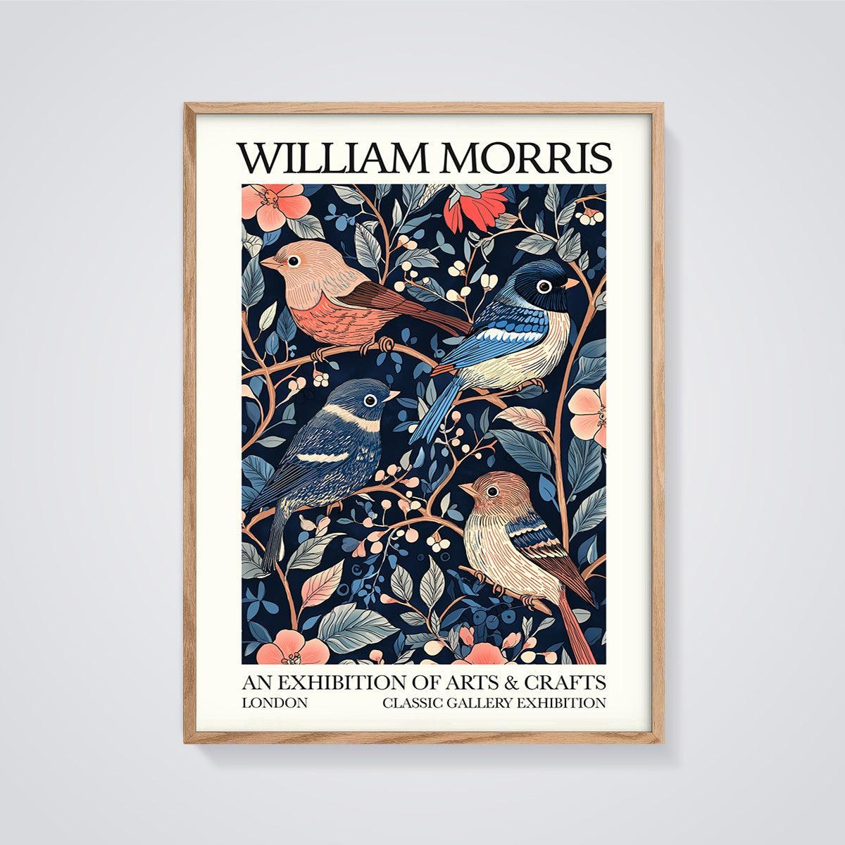 William Morris Arts & Crafts Birds Print framed in oak on a grey background