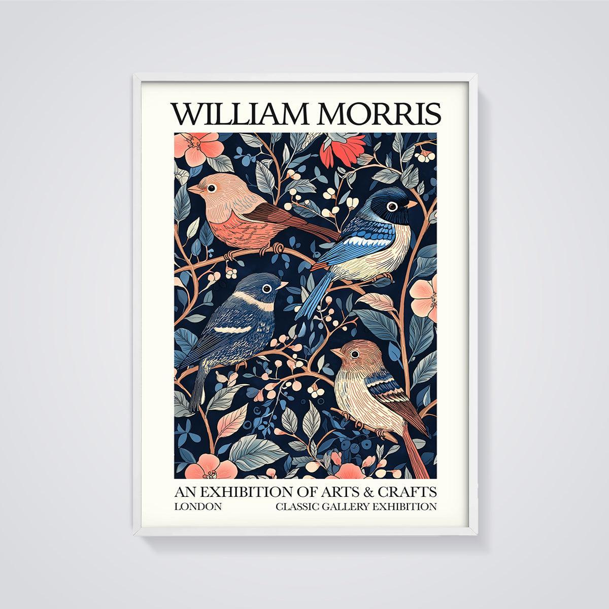 William Morris Arts & Crafts Birds Print framed in white on a grey background