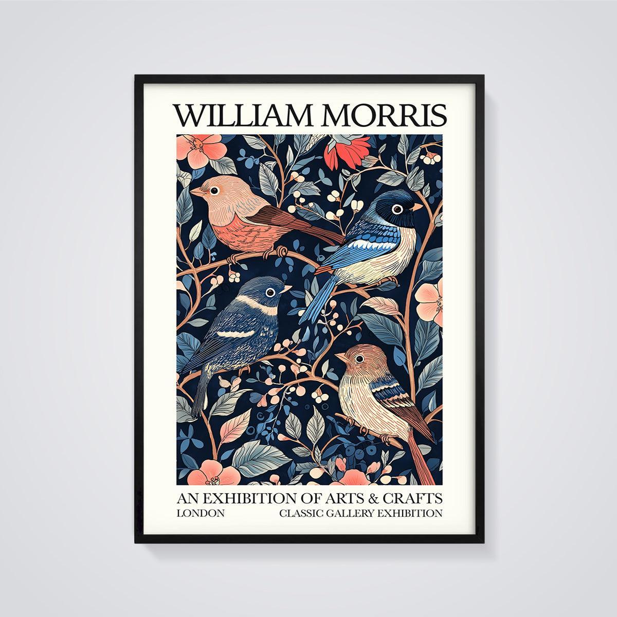 William Morris Arts & Crafts Birds Print framed in black on a grey background