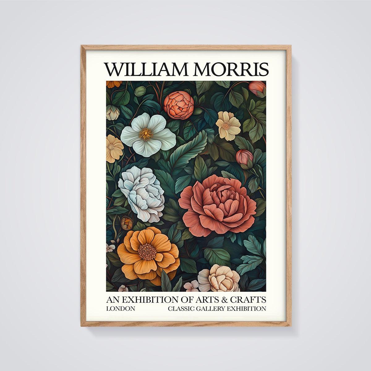 William Morris Arts & Crafts Exhibition Print Aesthetic framed in oak on a grey background