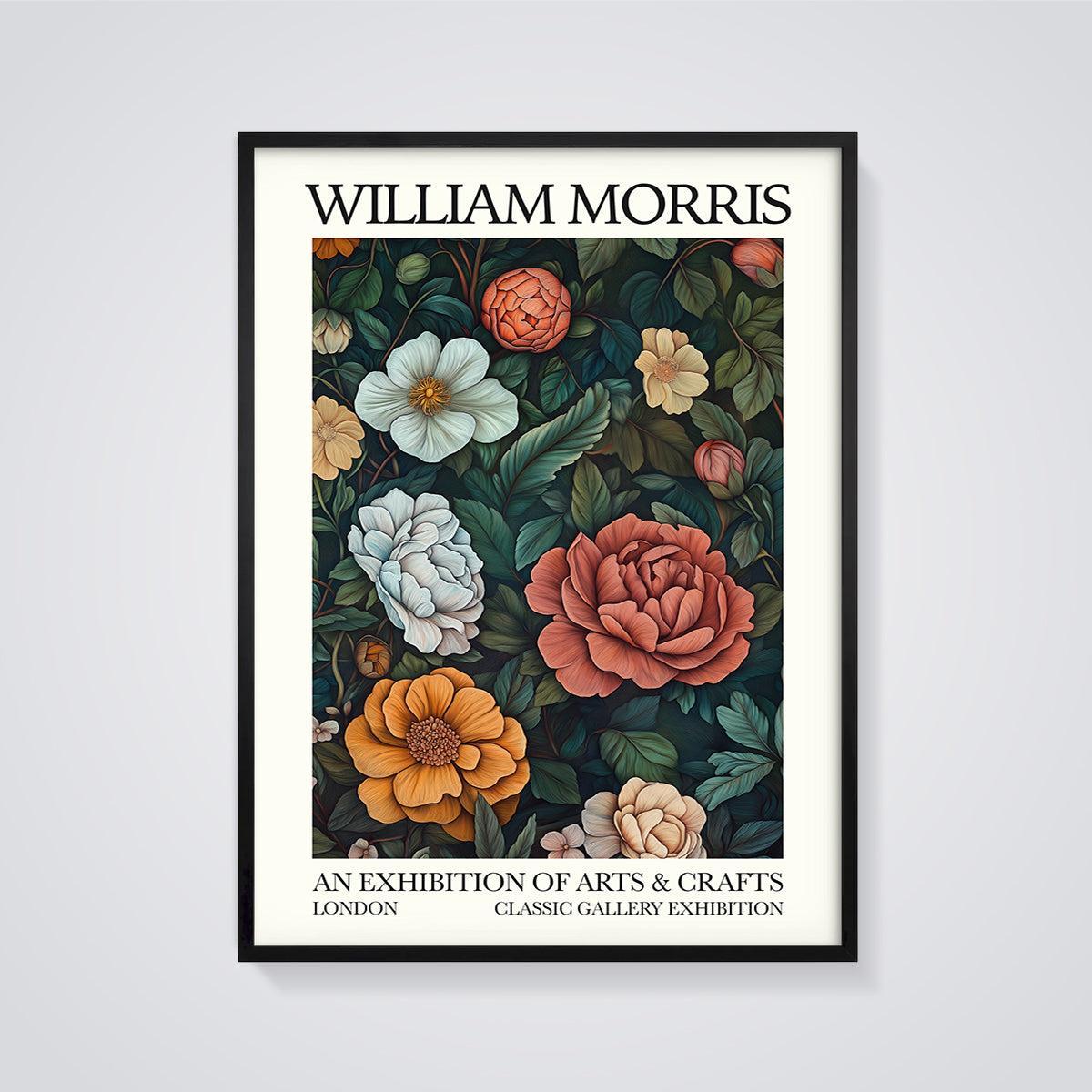 William Morris Arts & Crafts Exhibition Print Aesthetic framed in black on a grey background