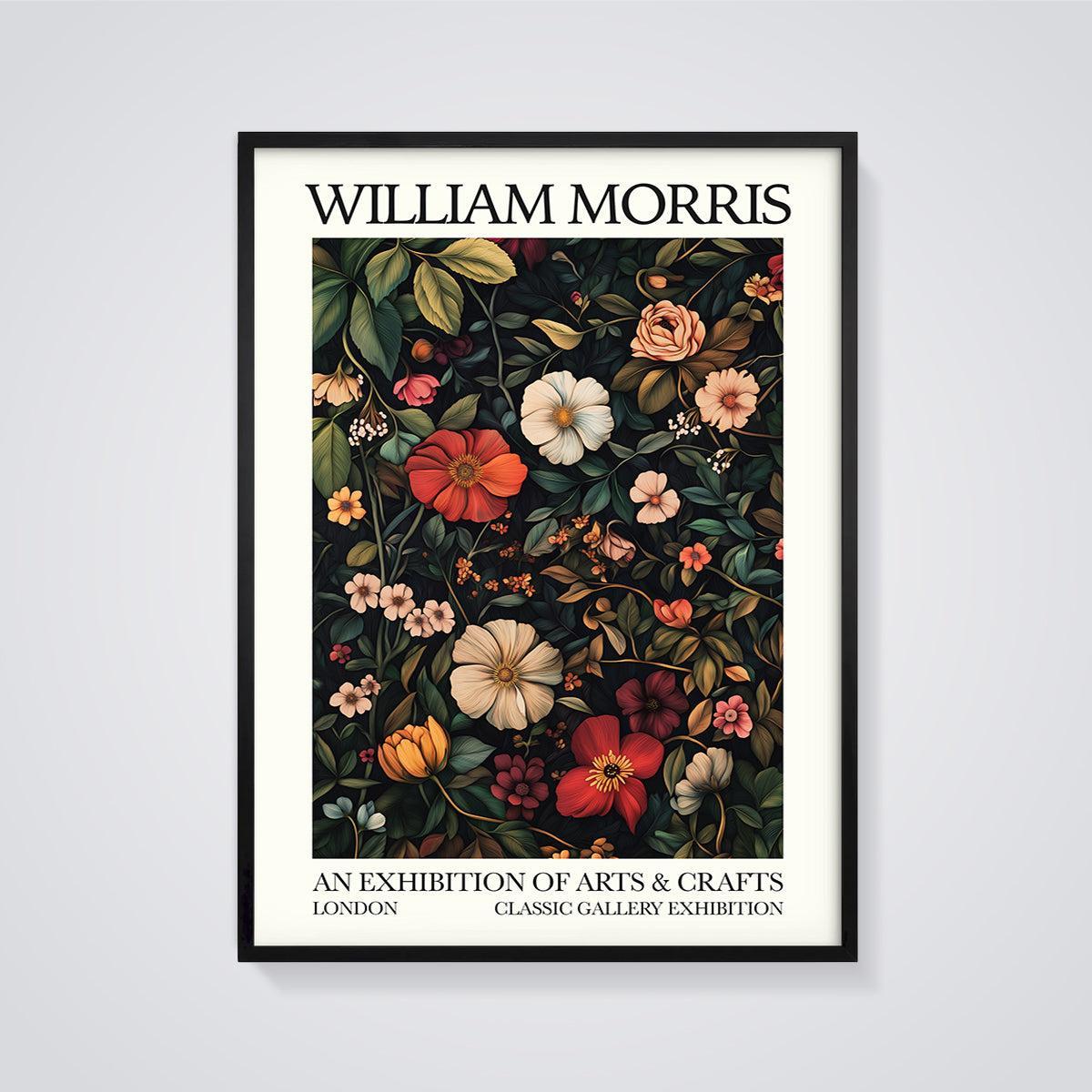 William Morris Arts & Crafts Exhibition Print framed in black on a grey background