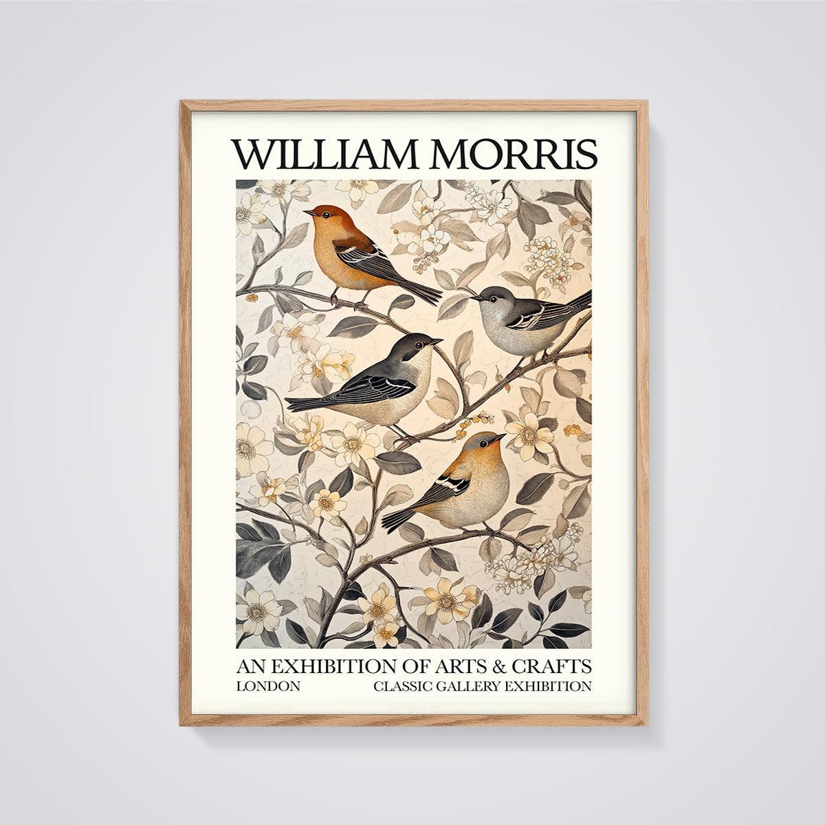 William Morris Birds & Floral Print framed in oak on a grey background