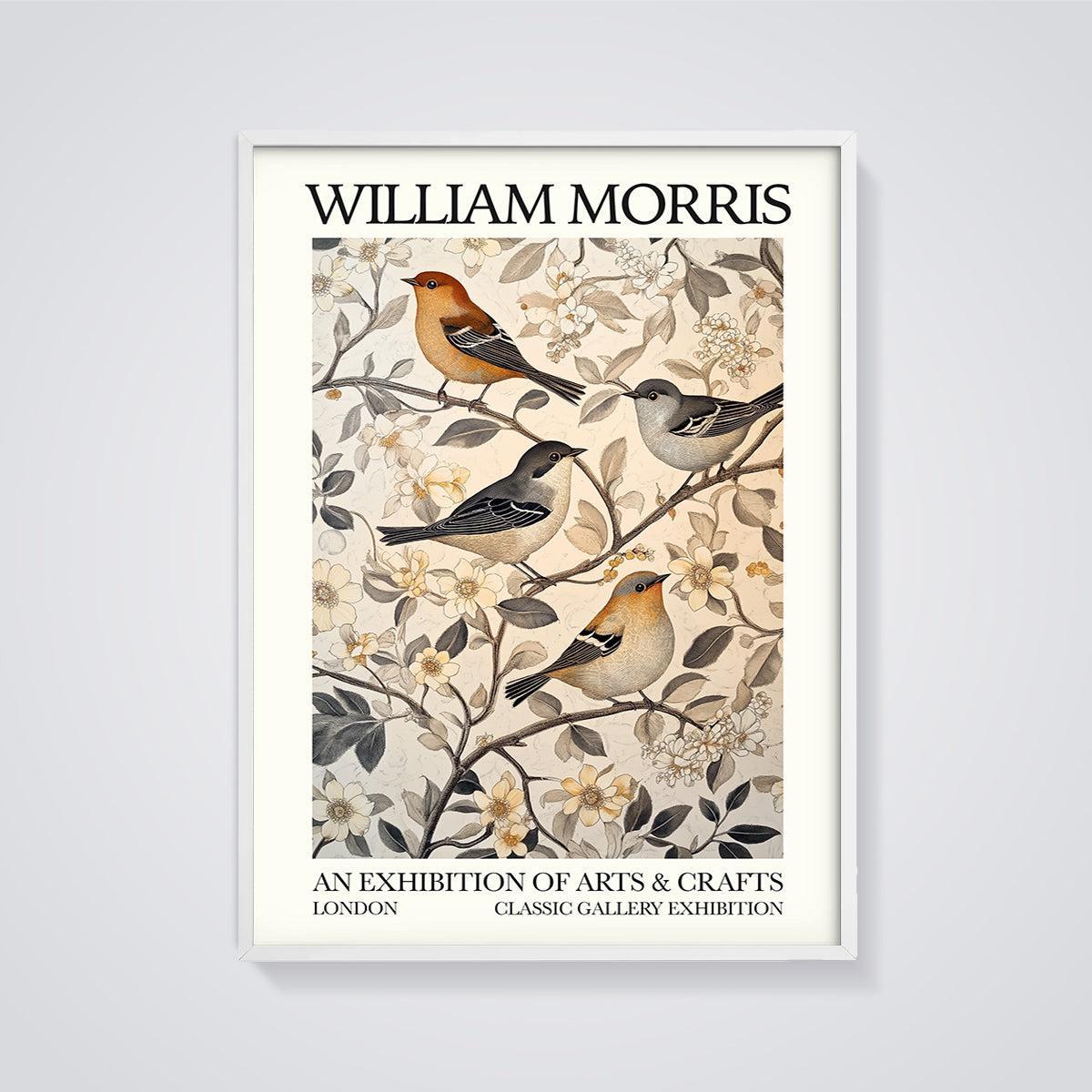 William Morris Birds & Floral Print framed in white on a grey background