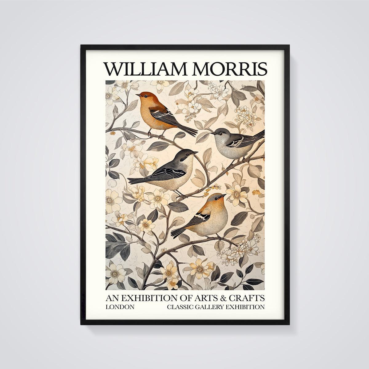William Morris Birds & Floral Print framed in black on a grey background