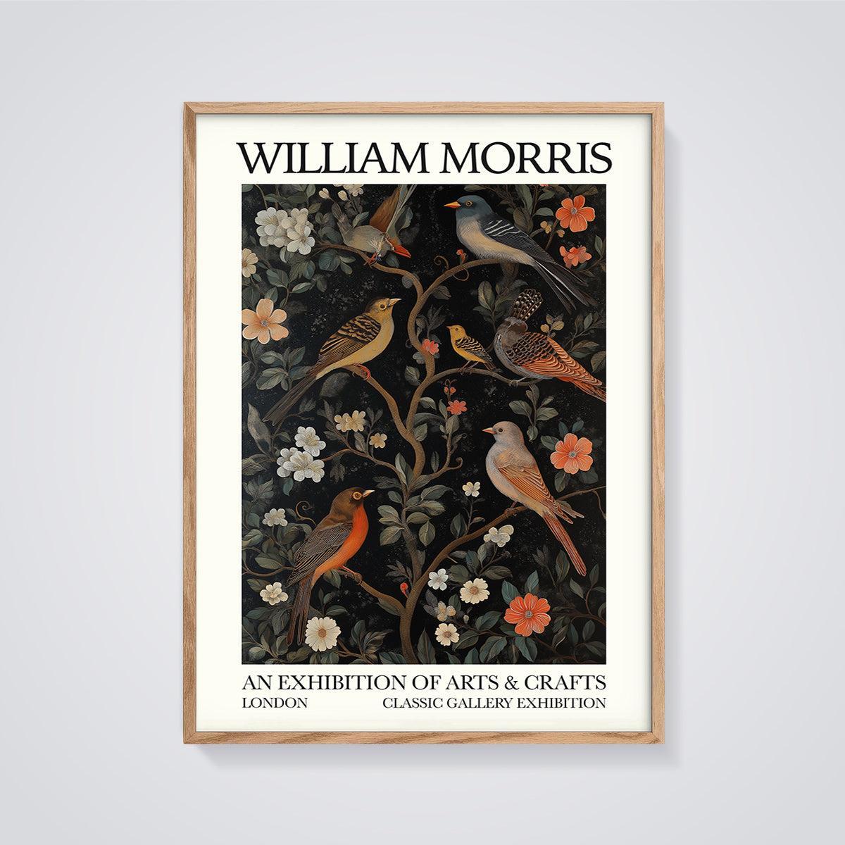 William Morris Birds & Flowers Print framed in oak on a grey background