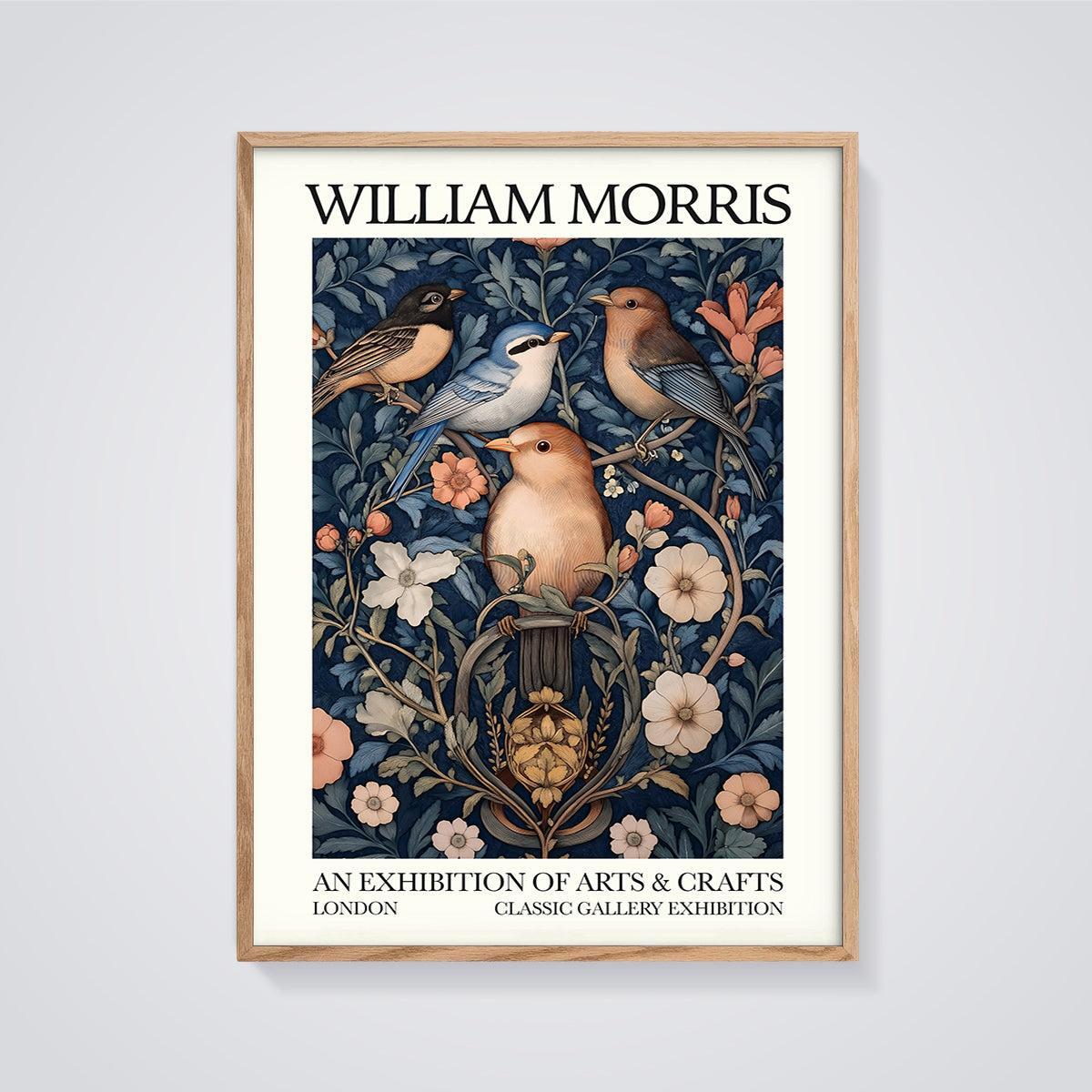 William Morris Birds & Flowers Print Aesthetic framed in oak on a grey background