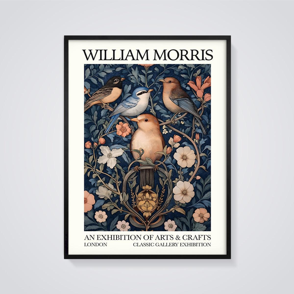 William Morris Birds & Flowers Print Aesthetic framed in black on a grey background