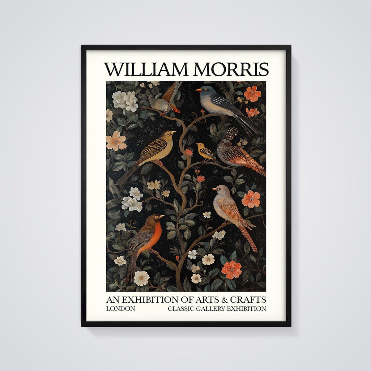 William Morris Birds & Flowers Print framed in black on a grey background